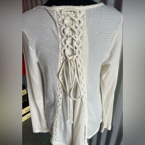 Knox Rose Cream Long Sleeve Waffle Knit Top with Tie Detail in Back Size Medium